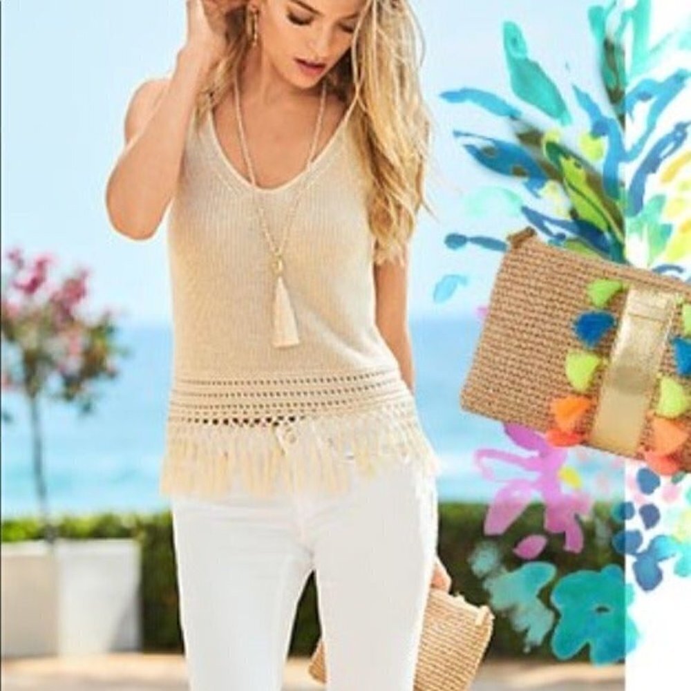 Lilly Pulitzer Metallic Knit Fringe Tank‎ Top Champagne Gold V-Neck Small